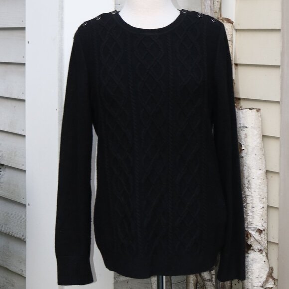 Talbots Black Cable Knit Button Shoulders Crew Neck Sweater Sz LARGE - Picture 1 of 6